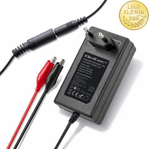 Qoltec Automatyczna ładowarka do akumulatora AGM GEL STD | Prostownik 12V | 2A | 24W | 5.5x2.1 | Kabel 1.8m