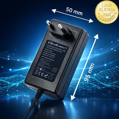 Qoltec Automatyczna ładowarka do akumulatora AGM GEL STD | Prostownik 12V | 2A | 24W | 5.5x2.1 | Kabel 1.8m