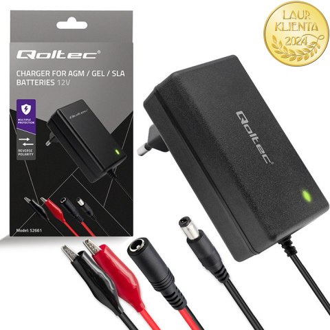 Qoltec Automatyczna ładowarka do akumulatora AGM GEL STD | Prostownik 12V | 2A | 24W | 5.5x2.1 | Kabel 1.8m
