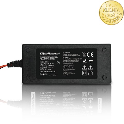 Qoltec Automatyczna ładowarka do akumulatora AGM GEL STD | Prostownik 12V | 2A | 24W | LED | Kabel 1.8m