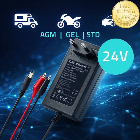 Qoltec Automatyczna ładowarka do akumulatora AGM GEL STD | Prostownik 24V | 19.2W | 5.5x2.1 | Kabel 1.8m