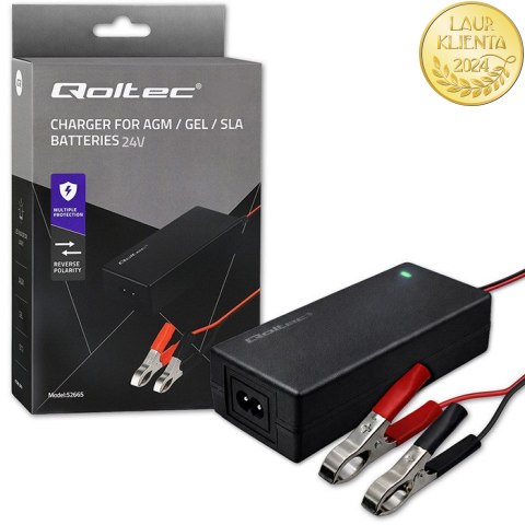 Qoltec Automatyczna ładowarka do akumulatora AGM GEL STD | Prostownik 24V | 2A | 48W | LED | Kabel 1.8m