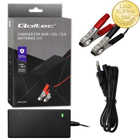 Qoltec Automatyczna ładowarka do akumulatora AGM GEL STD | Prostownik 24V | 2A | 48W | LED | Kabel 1.8m