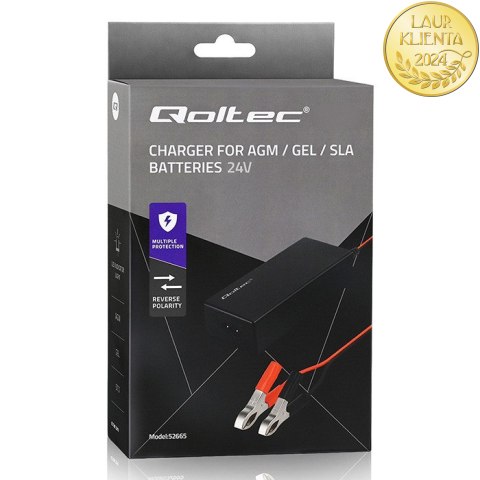 Qoltec Automatyczna ładowarka do akumulatora AGM GEL STD | Prostownik 24V | 2A | 48W | LED | Kabel 1.8m