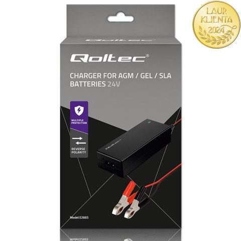 Qoltec Automatyczna ładowarka do akumulatora AGM GEL STD | Prostownik 24V | 2A | 48W | LED | Kabel 1.8m