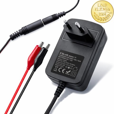 Qoltec Automatyczna ładowarka do akumulatora AGM GEL STD | Prostownik 6V/12V | 6W | 5.5x2.1 | Kabel 1.8m