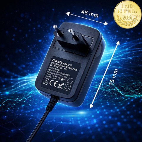 Qoltec Automatyczna ładowarka do akumulatora AGM GEL STD | Prostownik 6V/12V | 6W | 5.5x2.1 | Kabel 1.8m