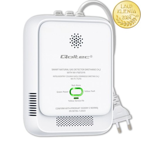 Qoltec Certyfikowany Czujnik wycieku gazu ziemnego | detektor CH4 | NG | Tuya | Wi-Fi | alarm 85dB | LED