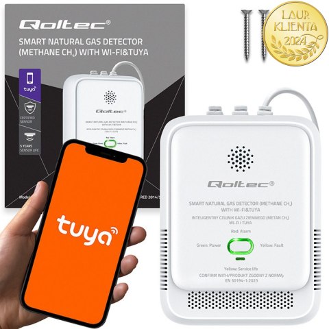 Qoltec Certyfikowany Czujnik wycieku gazu ziemnego | detektor CH4 | NG | Tuya | Wi-Fi | alarm 85dB | LED