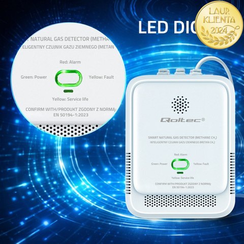 Qoltec Certyfikowany Czujnik wycieku gazu ziemnego | detektor CH4 | NG | alarm 85dB | LED