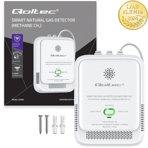 Qoltec Certyfikowany Czujnik wycieku gazu ziemnego | detektor CH4 | NG | alarm 85dB | LED