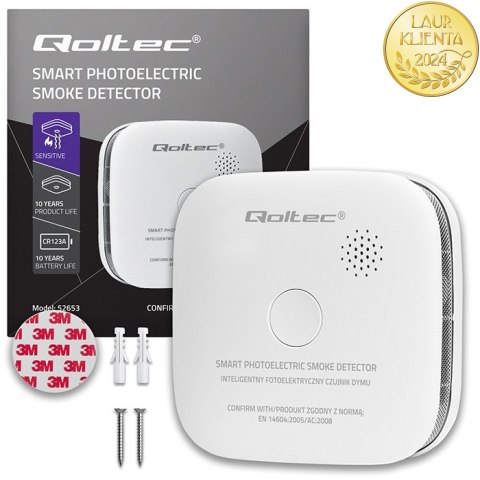 Qoltec Certyfikowany bezprzewodowy Czujnik dymu z baterią | żywotność sensora 10 lat | żywotność baterii 10 lat | alarm 85dB | L