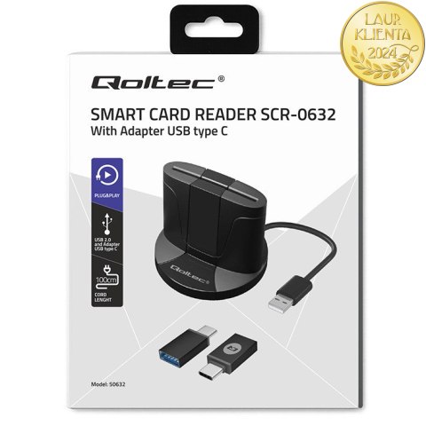 Qoltec Inteligentny czytnik chipowych kart ID SCR-0632 | USB 2.0 + Adapter USB-C