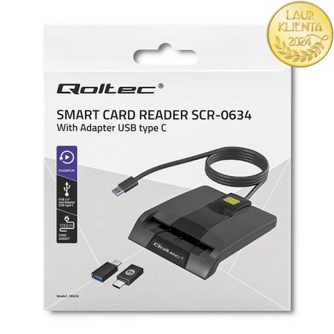 Qoltec Inteligentny czytnik chipowych kart ID SCR-0634 | USB 2.0 + Adapter USB-C