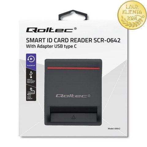 Qoltec Inteligentny czytnik chipowych kart ID SCR-0642 | USB 2.0 + Adapter USB-C
