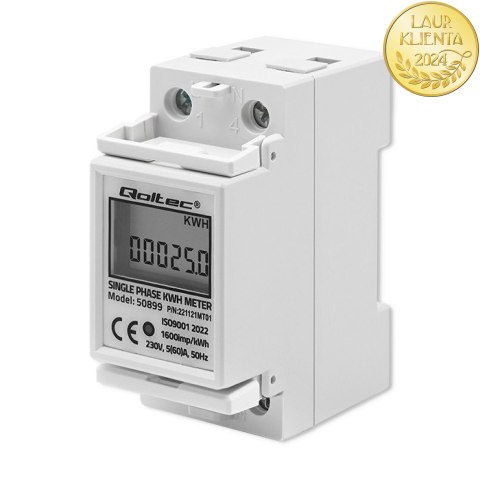 Qoltec Jednofazowy elektroniczny licznik | miernik zużycia energii na szynę DIN | 230V | 60A | LCD | 2P