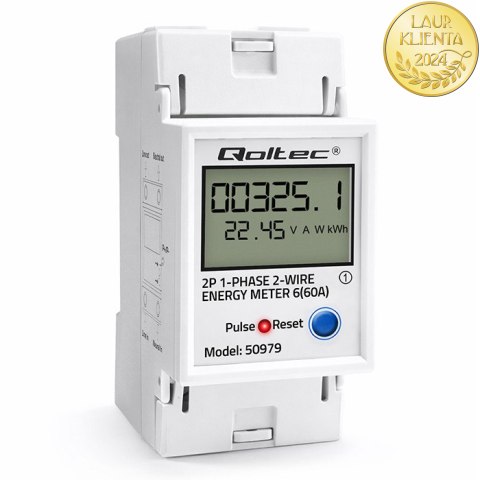 Qoltec Jednofazowy elektroniczny licznik zużycia energii na szynę DIN | RESET | licznik okresowy i stały | 230V | 60A | LCD | LE