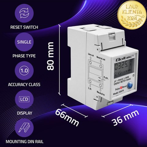 Qoltec Jednofazowy elektroniczny licznik zużycia energii na szynę DIN | RESET | licznik okresowy i stały | 230V | 60A | LCD | LE