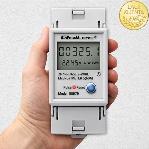 Qoltec Jednofazowy elektroniczny licznik zużycia energii na szynę DIN | RESET | licznik okresowy i stały | 230V | 60A | LCD | LE