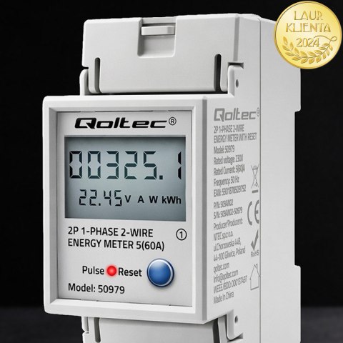 Qoltec Jednofazowy elektroniczny licznik zużycia energii na szynę DIN | RESET | licznik okresowy i stały | 230V | 60A | LCD | LE