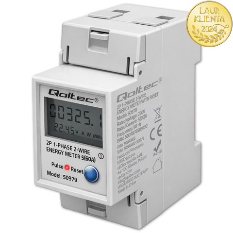 Qoltec Jednofazowy elektroniczny licznik zużycia energii na szynę DIN | RESET | licznik okresowy i stały | 230V | 60A | LCD | LE