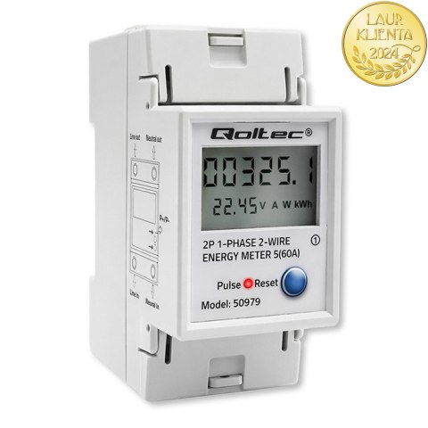 Qoltec Jednofazowy elektroniczny licznik zużycia energii na szynę DIN | RESET | licznik okresowy i stały | 230V | 60A | LCD | LE