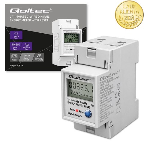 Qoltec Jednofazowy elektroniczny licznik zużycia energii na szynę DIN | RESET | licznik okresowy i stały | 230V | 60A | LCD | LE