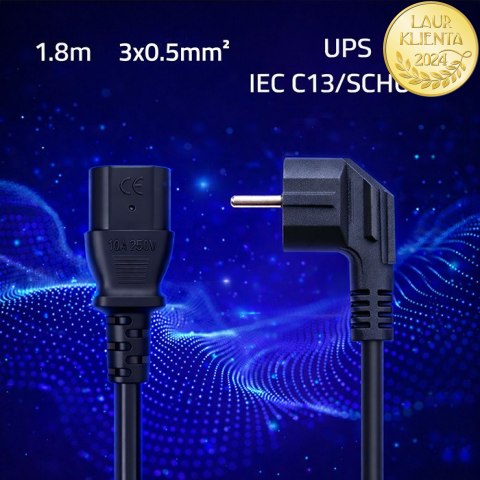 Qoltec Kabel zasilający | wtyczka kątowa SCHUKO CEE 7/7 (E/F) | IEC C13 | 3x0.5mm² | Czysta miedź Cu | 1.8m