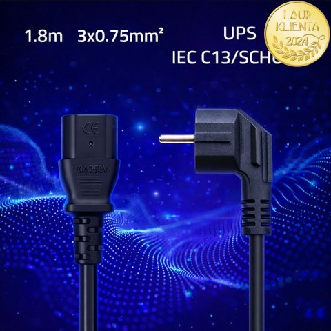 Qoltec Kabel zasilający | wtyczka kątowa SCHUKO CEE 7/7 (E/F) | IEC C13 | 3x0.75mm² | Czysta miedź Cu | 1.8m