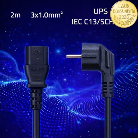 Qoltec Kabel zasilający | wtyczka kątowa SCHUKO CEE 7/7 (E/F) | IEC C13 | 3x1.00mm² | Czysta miedź Cu | 2m