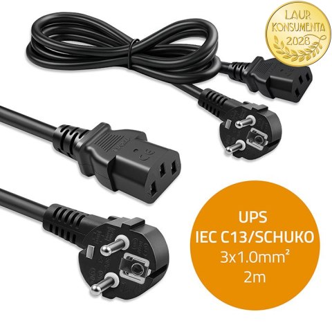 Qoltec Kabel zasilający | wtyczka kątowa SCHUKO CEE 7/7 (E/F) | IEC C13 | 3x1.00mm² | Czysta miedź Cu | 2m