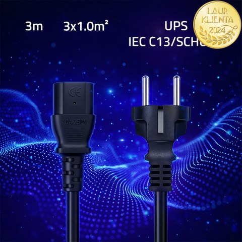 Qoltec Kabel zasilający SCHUKO CEE 7/7 (E/F) | IEC C13 | 3x1.00mm² | Czysta miedź Cu | 3m