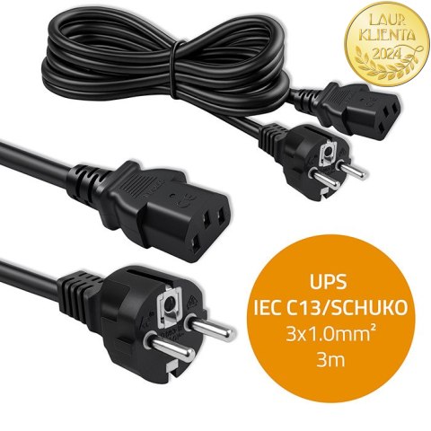 Qoltec Kabel zasilający SCHUKO CEE 7/7 (E/F) | IEC C13 | 3x1.00mm² | Czysta miedź Cu | 3m