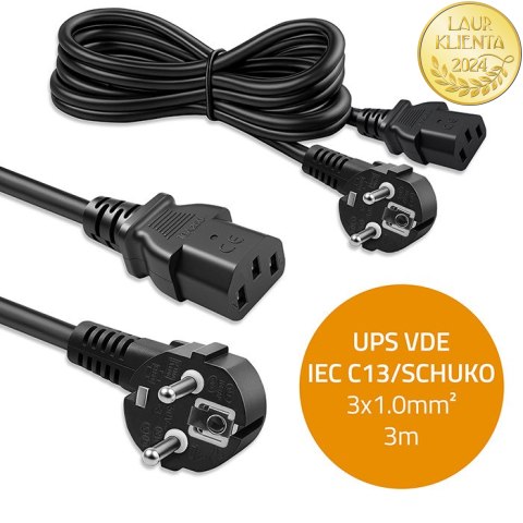 Qoltec Kabel zasilający | wtyczka kątowa SCHUKO CEE 7/7 (E/F) | IEC C13 | 3x1.00mm² | Czysta miedź Cu | 3m