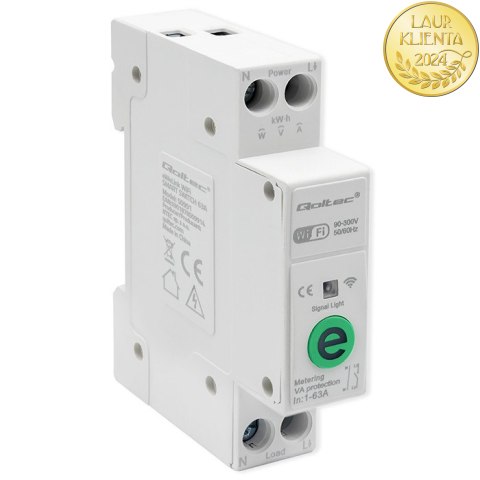 Qoltec Przekaźnik 63A na szynę DIN z licznikiem energii elektrycznej | eWeLink od Sonoff | Wi-Fi | Dioda LED