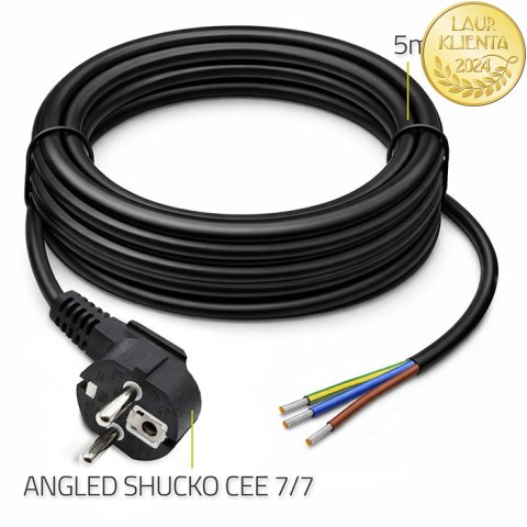 Qoltec Kabel zasilający | wtyczka kątowa SCHUKO CEE 7/7 (E/F) | miedź Cu | odizolowany lutowany | 3x1.50 mm² | 5m