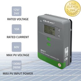 Qoltec Solarny regulator ładowania MPPT z czujnikiem temperatury 10A |12V / 24V | LCD | 2 x USB | GEL | LiFePO4