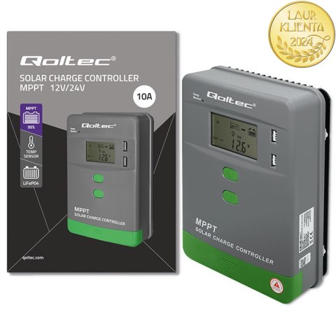Qoltec Solarny regulator ładowania MPPT z czujnikiem temperatury 10A |12V / 24V | LCD | 2 x USB | GEL | LiFePO4