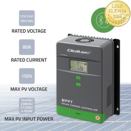 Qoltec Solarny regulator ładowania MPPT z czujnikiem temperatury 80A |12V / 24V / 36V / 48V | LCD | Bluetooth | APP | GEL | LiFe