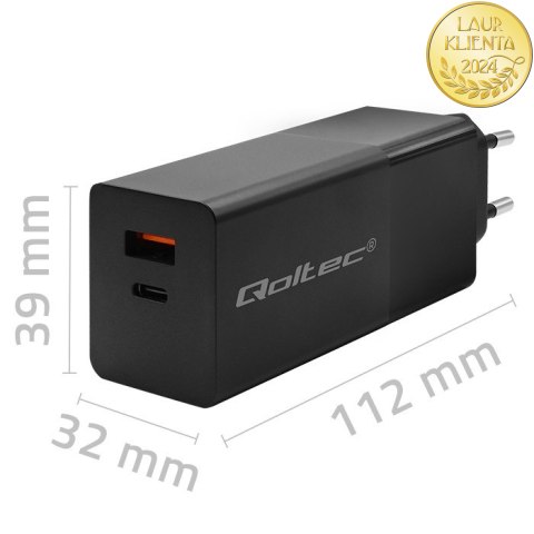 Qoltec Ładowarka GaN POWER PRO | 1xUSB-C | 1xUSB | 100W | 5-20V | 1.5-5A | PD | Laptop | Smartfon | Czarna
