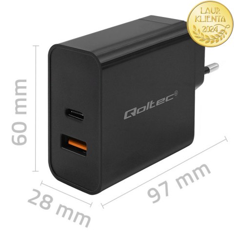 Qoltec Ładowarka Super Quick PD | 1xUSB-C | 1xUSB | 90W | 5-20V | 2.4-4.35A | Laptop | Smartfon | Czarna