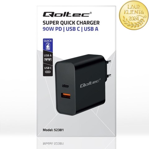 Qoltec Ładowarka Super Quick PD | 1xUSB-C | 1xUSB | 90W | 5-20V | 2.4-4.35A | Laptop | Smartfon | Czarna