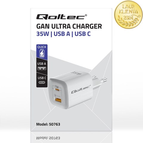 Qoltec Ładowarka sieciowa 35W GaN ULTRA | 5-20V | 2.25-3A | 1 x USB typ C PD | 1 x USB QC 3.0 | Biała