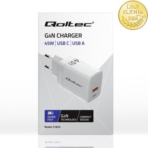 Qoltec Ładowarka sieciowa 45W GaN | 5-20V | 1.5-3A | 1 x USB-C PD | 1 x USB QC 3.0 | Biała