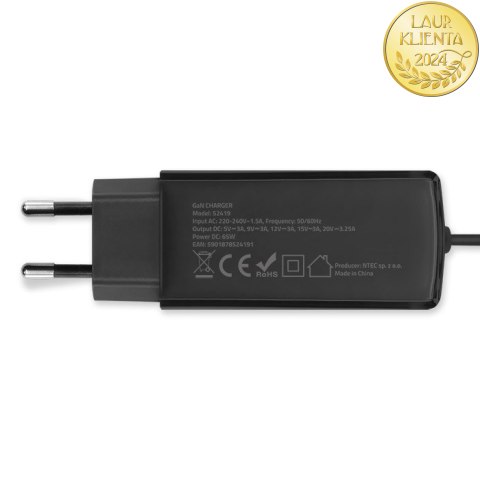 Qoltec Ładowarka sieciowa 65W GaN Super Fast | 5-20V | 3-3.25A | USB 3.1| Laptop | Smartfon | Tablet