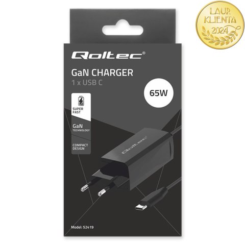 Qoltec Ładowarka sieciowa 65W GaN Super Fast | 5-20V | 3-3.25A | USB 3.1| Laptop | Smartfon | Tablet