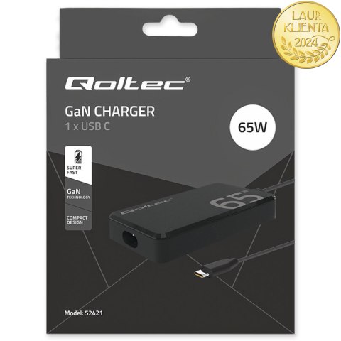 Qoltec Ładowarka sieciowa 65W GaN Super Fast SLIM | PD | 5-20V | 3.25A | USB-C 3.1 | Laptop | MacBook | Smartfon | + kabel