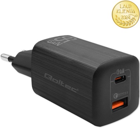 Qoltec Ładowarka sieciowa 65W GaN ULTRA | 5-20V | 2.25-3.25A | 1 x USB typ C PD | 1 x USB QC 3.0 | Laptop | Smartfon | Czarna