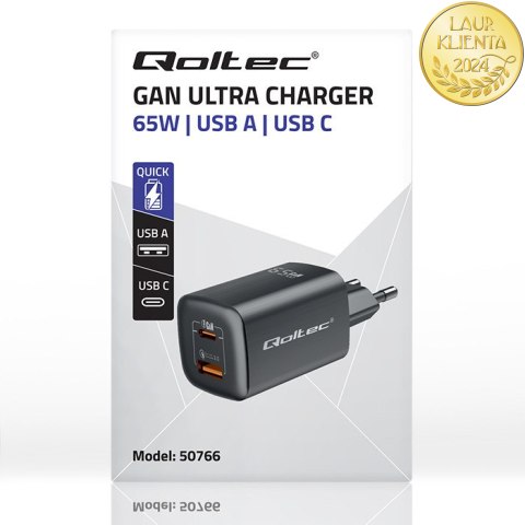 Qoltec Ładowarka sieciowa 65W GaN ULTRA | 5-20V | 2.25-3.25A | 1 x USB typ C PD | 1 x USB QC 3.0 | Laptop | Smartfon | Czarna