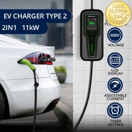 Qoltec Mobilna ładowarka do samochodu elektrycznego EV i hybryd z regulacją 2w1 Typ2 | 11kW | 3 Fazy | CEE 32A | LCD | Przenośna